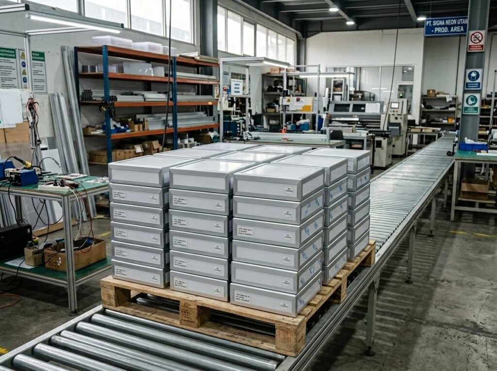 Produksi massal grosir neon box dengan material aluminium berkualitas tinggi untuk kebutuhan cabang bisnis di Indonesia