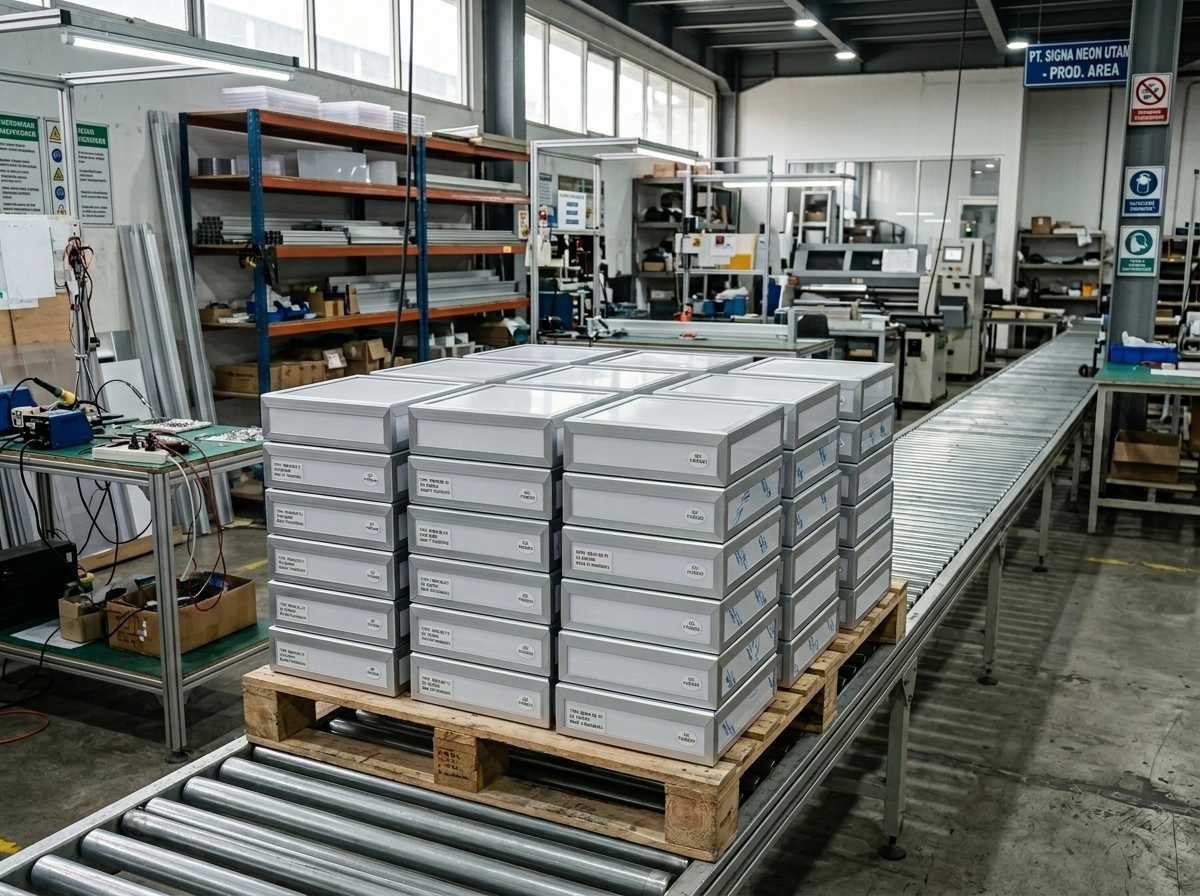 Produksi massal grosir neon box dengan material aluminium berkualitas tinggi untuk kebutuhan cabang bisnis di Indonesia